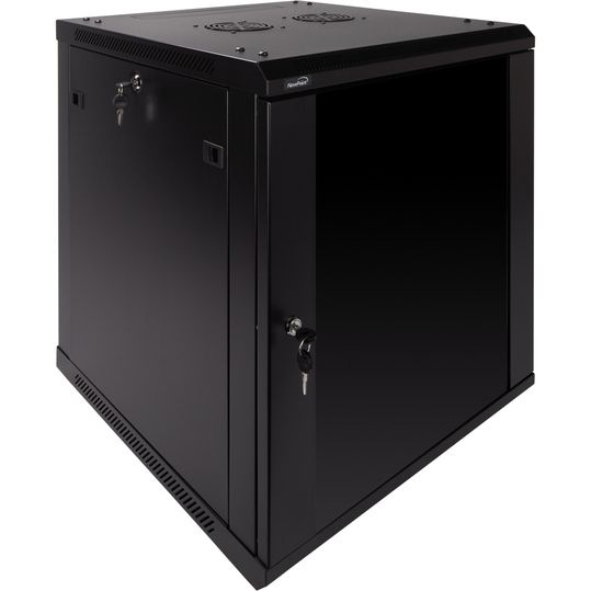 CABINET 19  SPACER 12U, fixare pe perete, Flatpack (dezasamblat),  Black, 582 (h) x 515 (w) x 400 (d) mm, usa sticla cu blocare, otel 1.5mm, sarcina maxima 100Kg,  SPCW-12U-BK