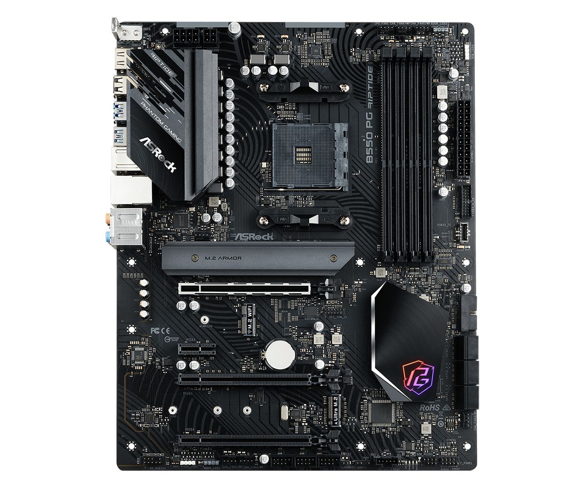 Placa de baza ASRock B550 PG Riptide, socket AM4, 4x DDR4 UDIMM, 6x SATA, 2x NVMe, 19x USB-A, 2x USB-C, ATX