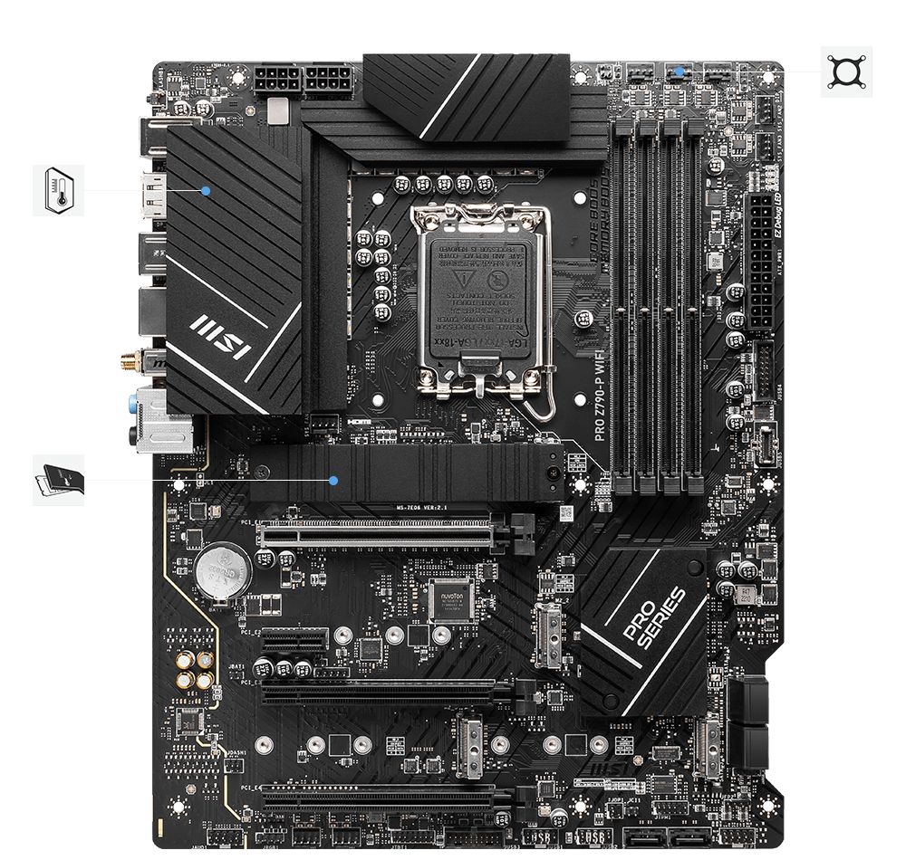 Placa de baza MSI PRO Z790-P WIFI, socket 1700, 4x DDR5 UDIMM, 6x SATA, 4x NVMe, 15x USB-A, 2x USB-C, ATX
