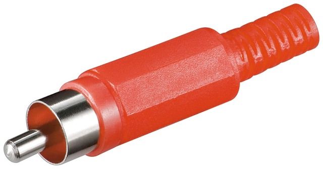 Male RCA plug, plastic, red, cable protector
Packaging: bulk 1 pc.