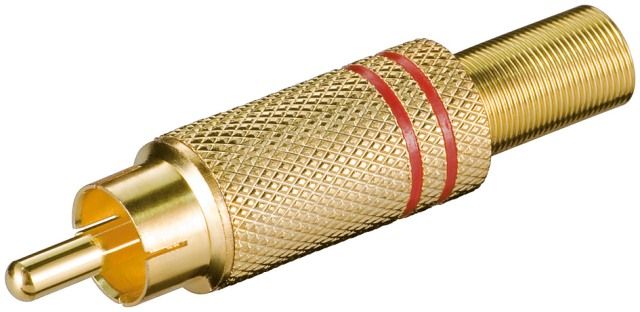 Male RCA plug, metal, red ring, cable protector, max. diameter 5.4mm
Packaging: bulk 1 pc.