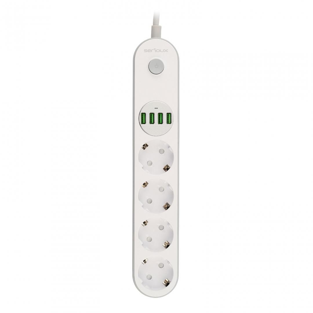 Prelungitor cu protectie Serioux, 4 prize schuko, input 100-240V, 50- 60Hz, output (Total): 2500W - 10A, 4 porturi USB, 4 porturi USB (5V- 3.1A) (Auto Max) 17W, Amperaj port USB (max) 3.4A, functie auto ID, antistatic, buton power/off, lungime cablu 2m, alb, SRXP-PS44W