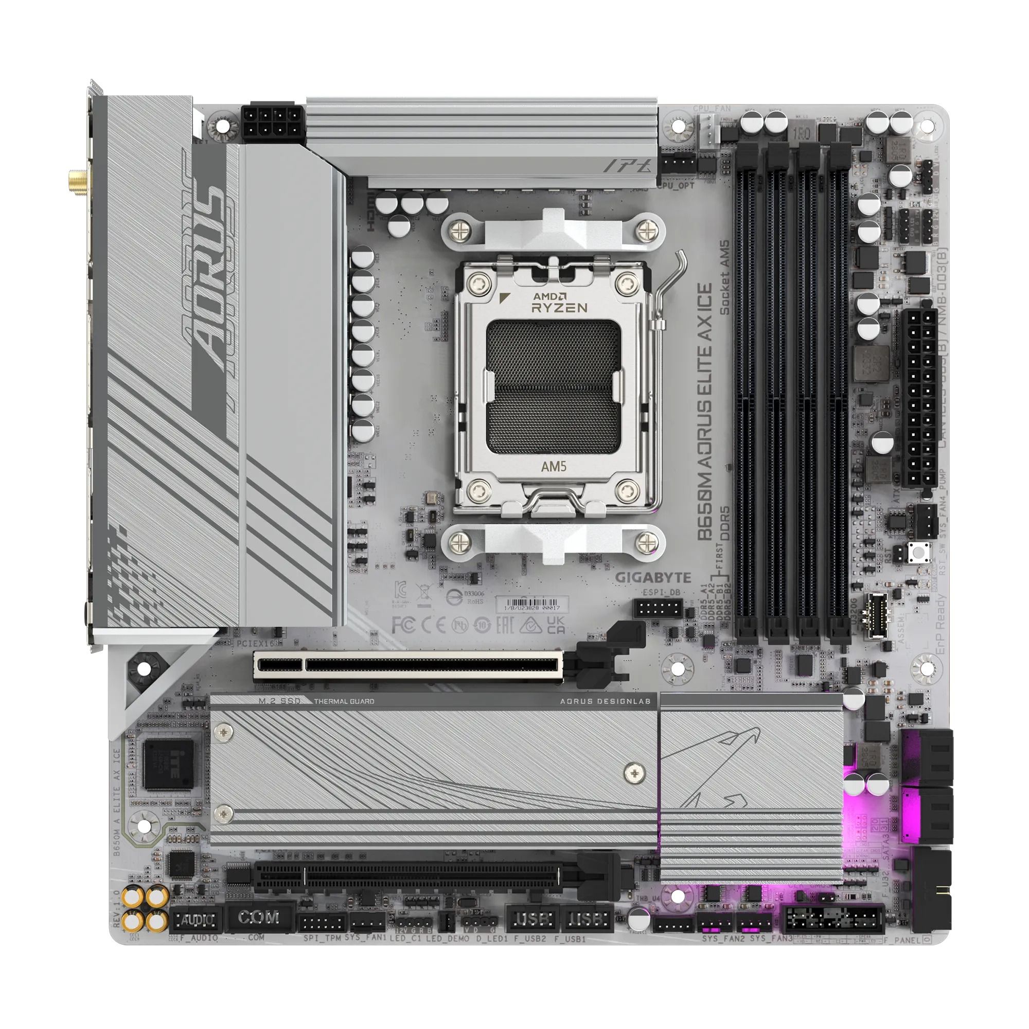 Placa de baza GIGABYTE B650M AORUS ELITE AX ICE, socket AM5, 4x DDR5 UDIMM, 4x SATA, 2x NVMe, 17x USB-A, 2x USB-C, mATX