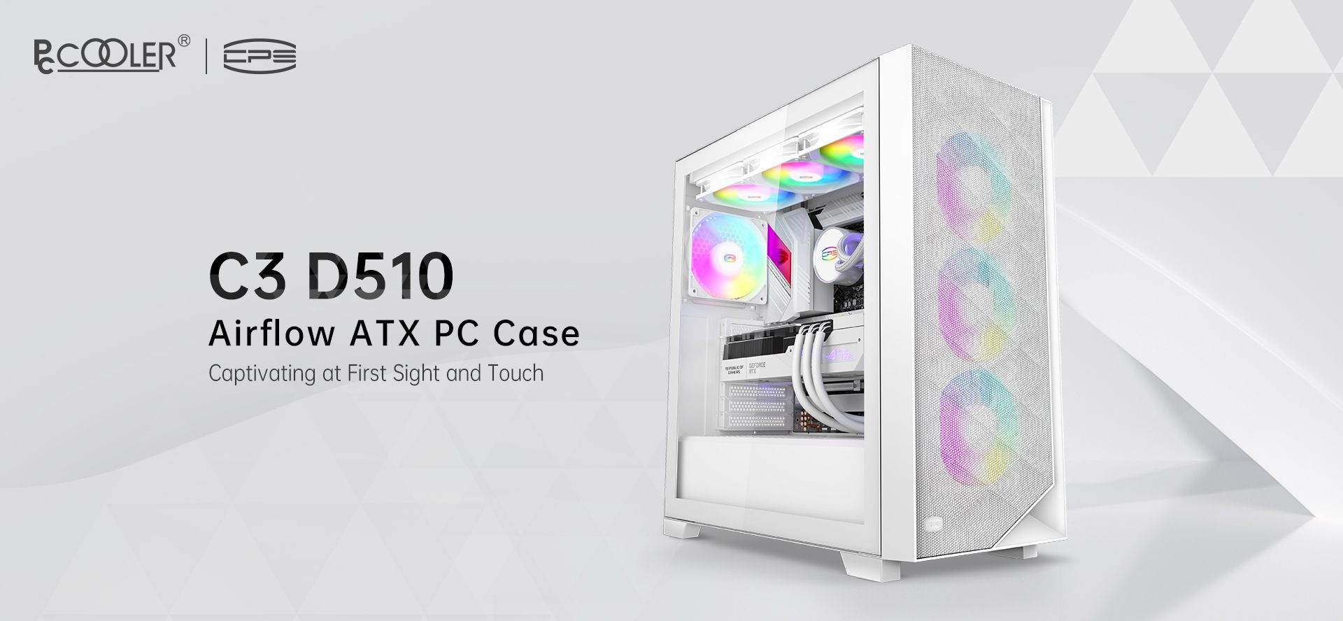 CARCASA PCCOOLER, Middle Tower, ATX, fara sursa, sticla securizata, 3 ventilatoare incluse, iluminare ARGB, alb, USB 3.2 gen 2 x 2, mic, audio,  C3D510 ARGB WH