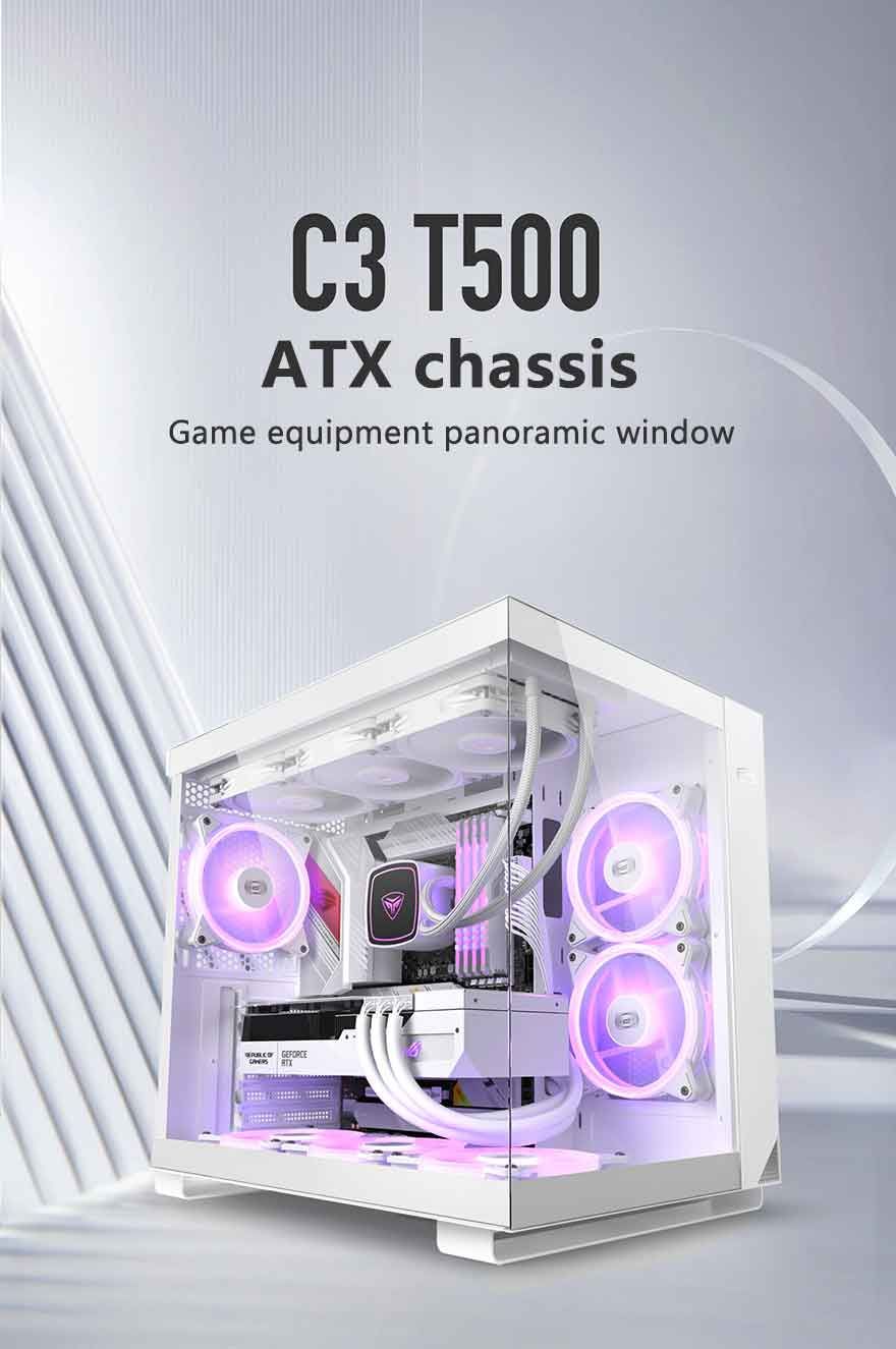 CARCASA PCCOOLER, Middle Tower, ATX, fara sursa, sticla securizata, 6 ventilatoare incluse, iluminare ARGB, alb, USB 3.2 gen 1 x 2, USB Type-C x 2, mic, audio,  C3 T500 ARGB BK
