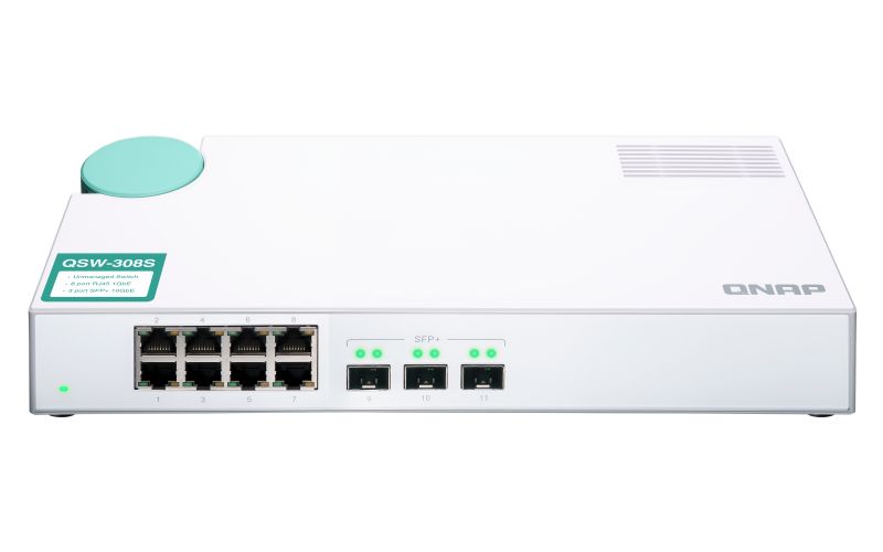 Switch Qnap QSW-308S, 9 porturi 8x RJ-45, (100/​1000Base-T), 1x RJ-45 (10/​100/​1000/​2.5G/​5G/​10GBase-T), 3x SFP+ (10Gb/​s)
