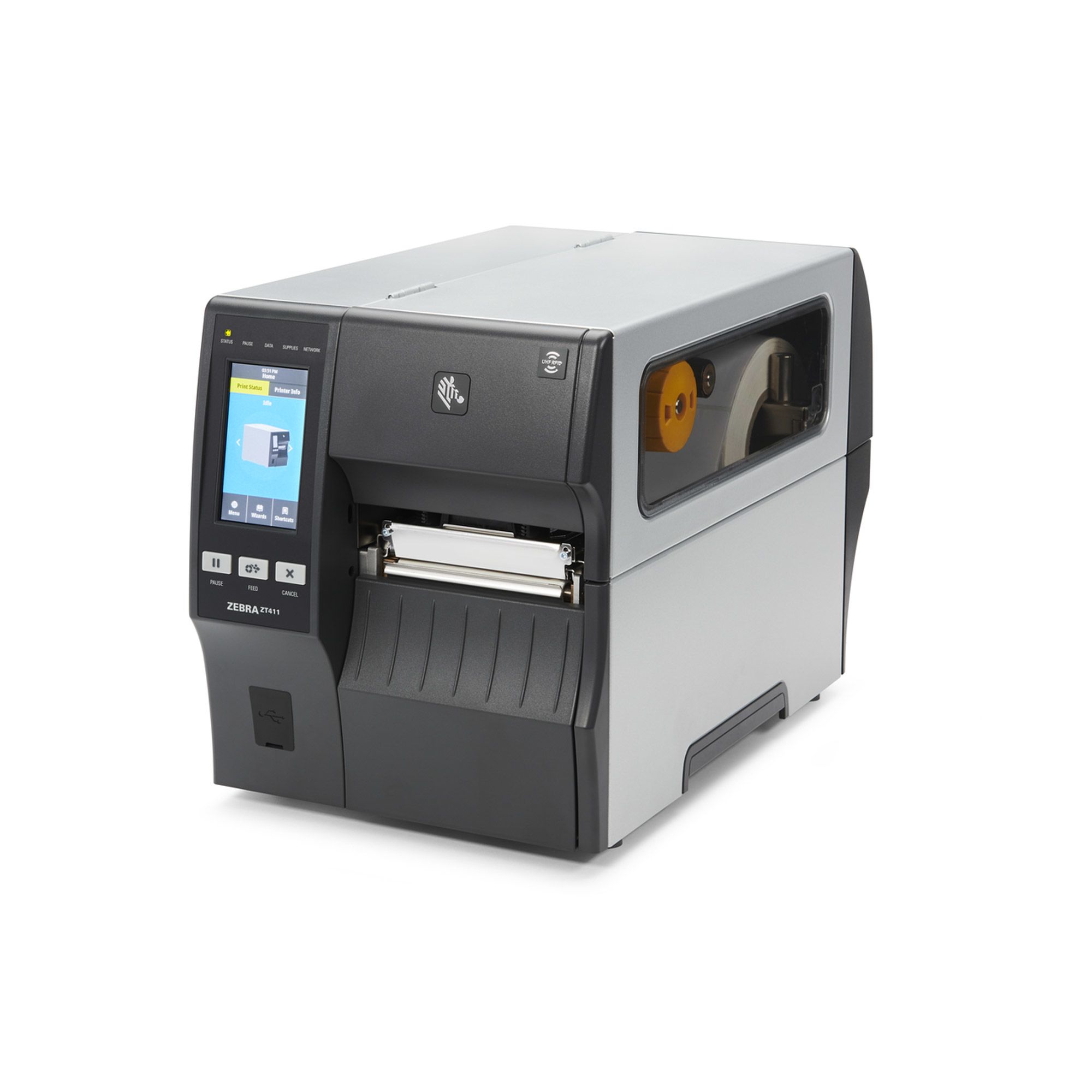 TT Printer ZT411 4 , 600 dpi, Euro and UK cord, Serial, USB, 10/100 Ethernet, Bluetooth 4.1/MFi, USB Host, Peel w/ Full Rewind, EZPL