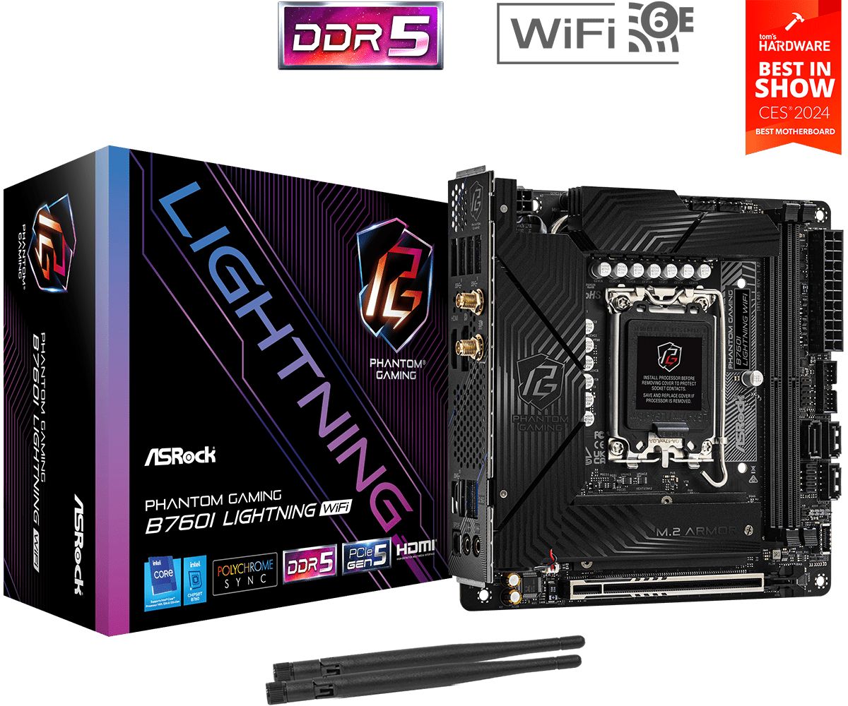Placa de baza ASRock B760I Lightning WiFi, socket 1700, 2x DDR5 UDIMM, 3x SATA, 2x NVMe, 9x USB-A, 2x USB-C, mITX