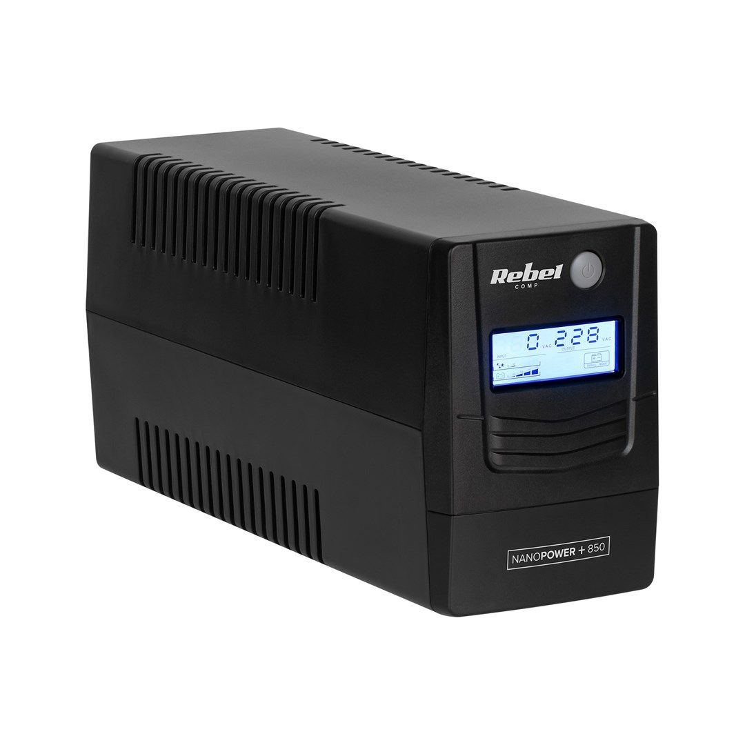 UPS Rebel RB-4024, 850 VA, 480 W, off-line, 2x Schuko, 1x RJ45, 1x USB, 12V 9Ah Tower, Negru