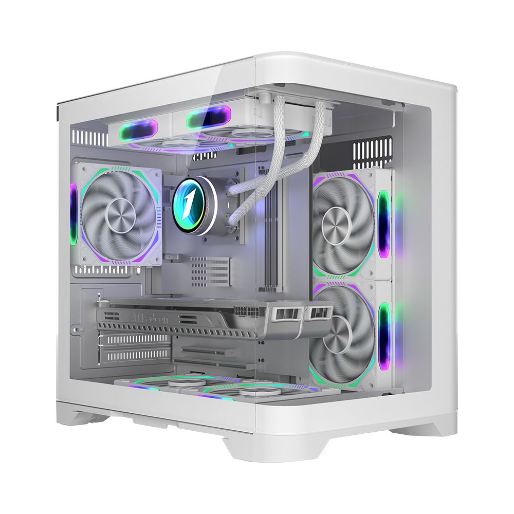 Carcasa 1STPLAYER UV5 Cube Tower ARGB ALB, Tempered Glass, Sloturi Expansiune 4, Drive Bays: 1x3.5 HDD 2x2.5  sau 3.5 SSD, Ventilatoare Suportate: 7(spate: 1x120mm, fata: 2x120mm, sus: 2x120mm, jos: 2x120mm), Ventilatoare Incluse: 5(fata: 2x120mm, jos: 2x120mm, spate: 1x120mm) Format Placa De Baza