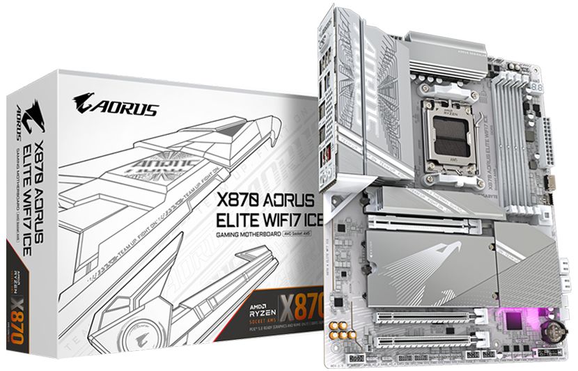 GIGABYTE X870 A ELITE WF7 ICE Motherboard - Supports AMD Ryzen 9000 CPUs  16+2+2 Phases Digital VRM  up to 8000MHz DDR5 (OC)  4xPCIe 5.0 + 4xM.2 Wi-Fi 7  2.5GbE LAN  USB 3.2 Gen 2x2
