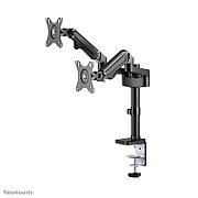 Brat de birou pentru monitor Neomounts, poate sustine 2 monitoare cu diagonala display 17-27 , suporta pana la 14kg per monitor, full motion, +45°, -45° inclinatie, +90°, -90° swivel, +180°, -180° rotatie,  VESA min 75x75, VESA max 100x100, reglabil pe inaltime: 7,3-48,1 cm, negru. Garantie 5 ani