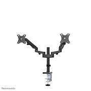 Brat de birou pentru monitor Neomounts, poate sustine 2 monitoare cu diagonala display 17-27 , suporta pana la 14kg per monitor, full motion, +45°, -45° inclinatie, +90°, -90° swivel, +180°, -180° rotatie,  VESA min 75x75, VESA max 100x100, reglabil pe inaltime: 7,3-48,1 cm, negru. Garantie 5 ani