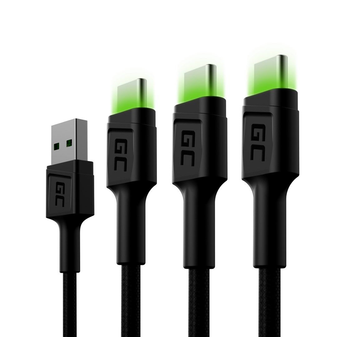 Green Cell Set 3x Ray USB-C 120cm Cable with green LED backlight  fast charging Ultra Charge  QC 3.0