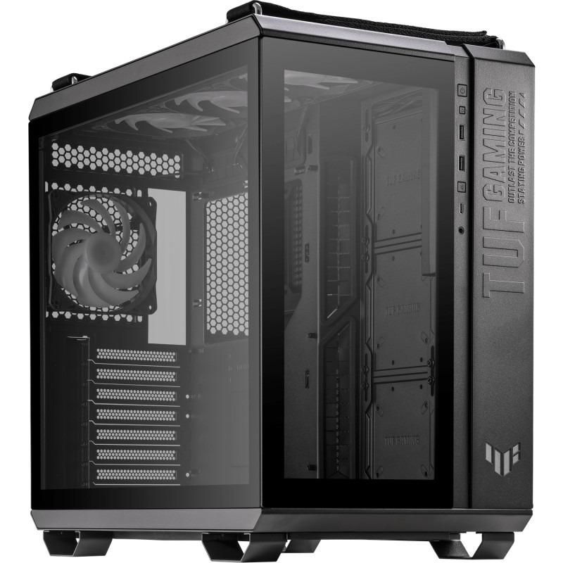 Carcasa ASUS GT 502 TUF GAMING Mid Tower ARGB NEGRU, Tempered Glass, Sloturi Expansiune 8+3 verticale, Drive Bays: 4x3.5 /2.5 , Ventilatoare Suportate: 4 (spate: 1x120mm, sus: 3x120mm sau 2x140mm), Ventilatoare Incluse: 4 (spate: 1x120mm, sus: 3x120mm), Format Placa De Baza Suportat: Mini-ITX
