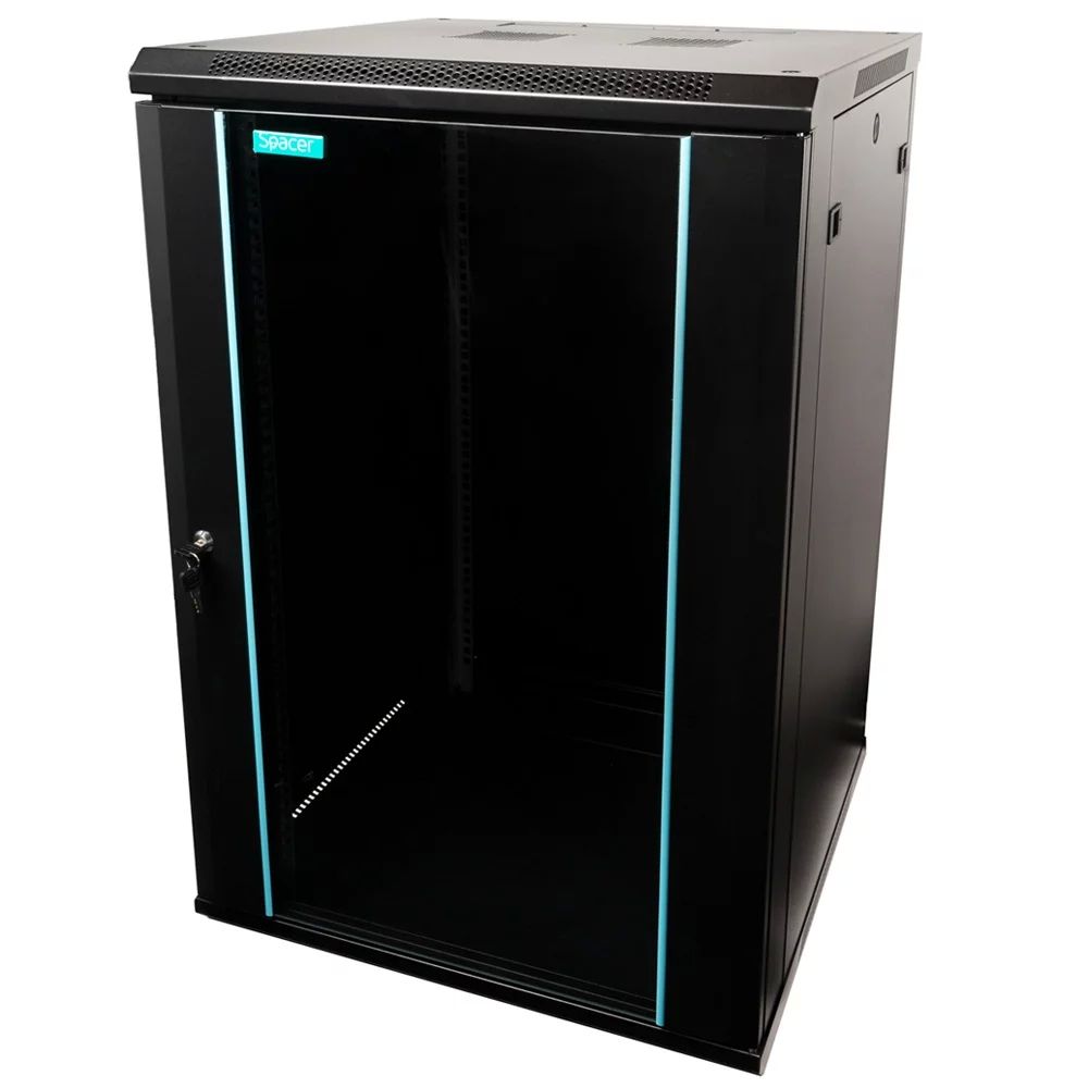 CABINET 19  SPACER  42U 600x800mm, de podea, Flatpack (dezasamblat),  Black, usa sticla cu blocare, panouri laterale detasabile, otel 2mm, sarcina maxima 1000Kg,  SPCN-42U-800-BK-03