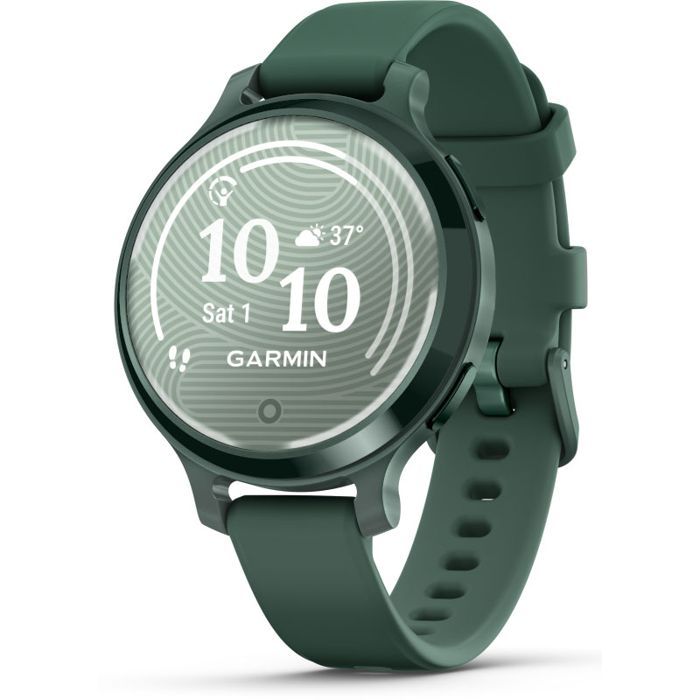 Ceas Garmin Lily 2 Active, display AMOLED, dimensiune afisaj 25,4 mm x 21,3 mm,rezolutie afisaj 240 x 201 pixeli, memorie 8GB, autonomie pana la 9 zile, rezistanta la apa pana la 5 ATM, greutate: 24,4g, ramă Jasper Green şi curea Jasper Green din silicon