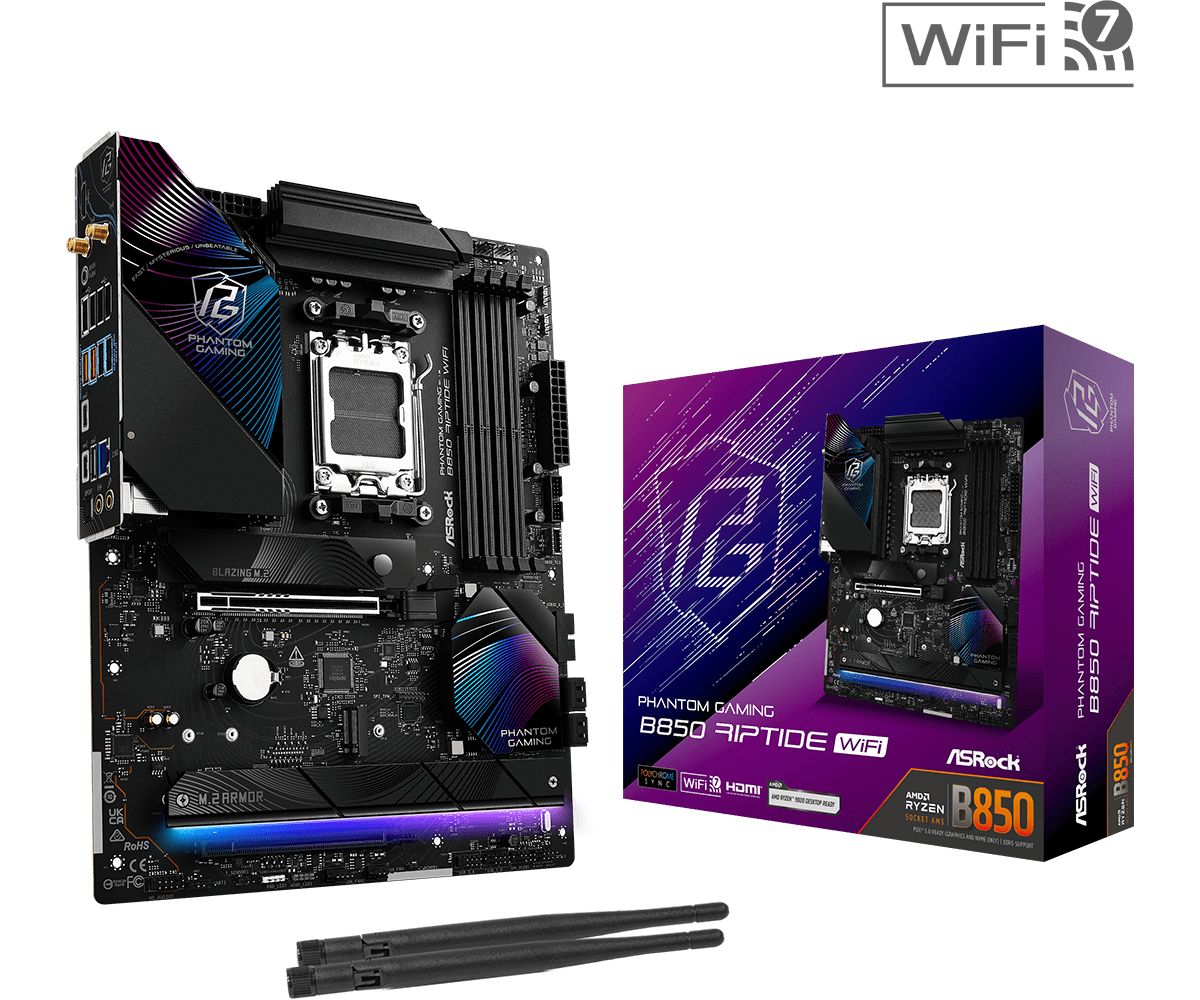 Placa de Baza ASROCK PHANTOM GAMING B850 RIPTIDE WIFI AM5, 4x DDR5, 1x HDMI, 2x PCIE x16, 5x M.2, 4x SATA 6GB/s, ATX