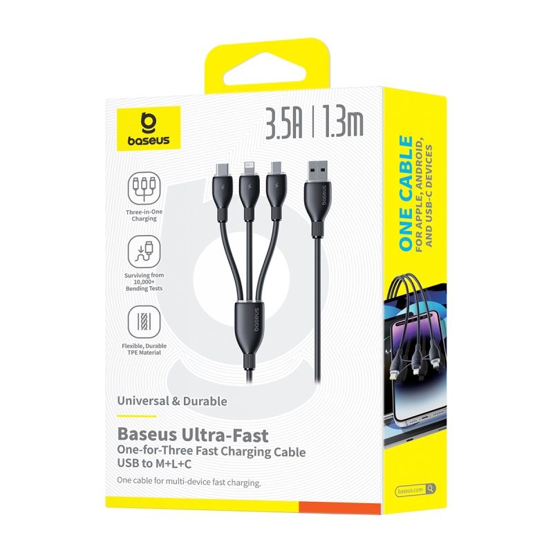CABLU alimentare si date Baseus Ultra-Fast One-for-three Retractable, pt smartphone,USB  la Micro-USB+Lightning+USB Type-C 3.5A, 1.3m, negru  P10376303121-00  (timbru verde 0.18 lei) - 6932172679620