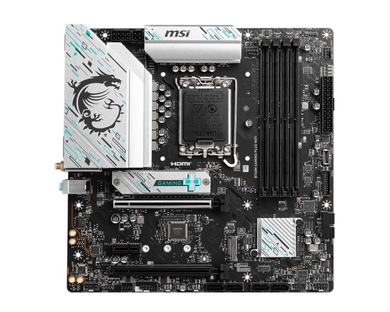 MSI Main Board Desktop B760M GAMING PLUS WIFI, LGA 1700, 4xDDR5, mATX, Dual Channel DDR5 6800(OC)MHz, 2x PCIe x16 slots, 2x M.2 slots, 2x HDMI, 2x USB 3.2 Gen 2x2, 4x USB 3.2 Gen 1, 4x USB 2.0, 7.1 HD Audio, 2.5Gbps LAN, WI-Fi 6E, BT, 3Y