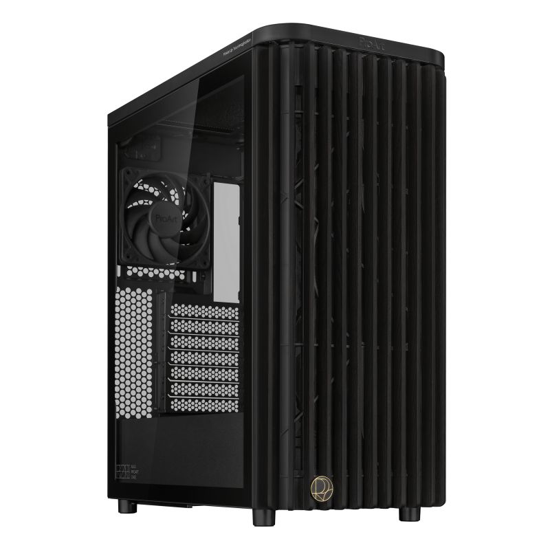 Carcasa ASUS PROART PA401 WOOD EDITION Mid Tower ARGB NEGRU, Tempered Glass, Sloturi Expansiune 7, Drive Bays: 2x3.5  2x2.5 /3.5 , Ventilatoare Suportate: 5 (spate: 1x120mm, fata: 2x140mm sau 2x160mm, sus: 2x120mm sau 2x140mm), Ventilatoare Incluse: 2 (fata: 2x160mm), Fan Hub preinstalat, Format
