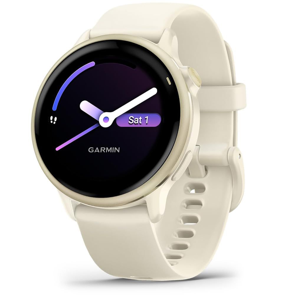 Ceas Garmin vívoactive 6 display AMOLED, dimensiune afisaj 30.4 mm, rezolutie afisaj  390 x 390 pixeli, memorie 8GB, autonomie până la 11 zile (5 zile cu afişajul permanent pornit), rezistanta la apa pana la 5 ATM, greutate: 23g, ramă Lunar Gold cu curea Bone, carcasă Light Sand şi curea din silicon