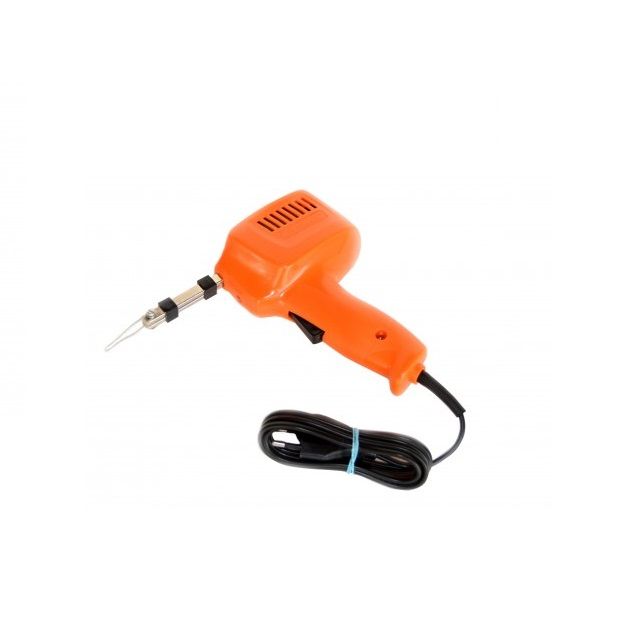Soldering gun for tin, fludor, power 75W
- it is powered at 230V AC
- the set also contains 5 spare tips
Packaging: blister 1 pc

Destination:

The transformer soldering gun is designed for soldering small components. It is especially recommended for soldering connections in electrotechnics, where the soldered components will not be damaged by the resistance heat of the soldering loop. It is a compact device, in accordance with the regulations valid during its manufacture and approved for operation by the national verification center. The transformer with nickel terminals of the secondary is deposited in the plastic case. The soldering loop is fixed on their ends with the help of M3 screws. Operation is controlled using the microswitch button. In the case, under the terminals of the secondary, is the LED diode. The connection to the electrical voltage network is made with the help of a flexible cable of 1.8 m. The use: Before putting into operation, the handle must be adjusted in the right working position. During this action, the soldering gun must be disconnected from the electrical network. After adjusting the loop and inserting it into the socket (with the established voltage of 230 V and appropriate protection), the device is ready for use. By pressing the button of the soldering gun, it is put into operation. At the same time, the LED diode lights up as an indicator of operation and which at the same time illuminates the glued area. The sticking time - button contact is 10 seconds, the rest period until the next start is 30 seconds. This cycle must be respected in order not to overload the transformer. Before the first gluing, it is recommended to dip the hot handle in rosin. When using the tubular tin (max. &ampOslash &ampplusmn3 mm) dipping is not necessary, being filled with rosin.

Spare parts:

Soldering loops can be purchased in stores with electrical installation materials.

Warning:

Use the soldering gun only at the voltage mentioned on the label and in the instructions. Before the first start-up, check the condition of the power cable, so that it is not damaged. This check must be repeated before every other use, or in case of suspicion of damage due to incorrect handling. Use the device only where there is no risk of damage to the soldered components from the heat of the soldering iron. For all actions - replacing the handle, checking the power cable, etc. the soldering gun must be without voltage, the plug removed from the socket.

Liquidation:

Liquidate the product according to the valid regulations and orders, i.e. hand over the packaging and electrical devices to the places designated for this purpose. All repairs and interventions on the electrical components of the soldering gun can only be carried out by the specialized workshop with appropriate qualifications, or by the manufacturer. This appliance can be used by children aged 8 years and older and the elderly or with reduced physical, mental and sensory capabilities or with insufficient experience and knowledge, only if they are supervised or have been instructed in the safe use of the appliance. the consumer and understand possible dangers. It is forbidden for children to play with this consumer. Cleaning and maintenance by the user cannot be performed by children without supervision.