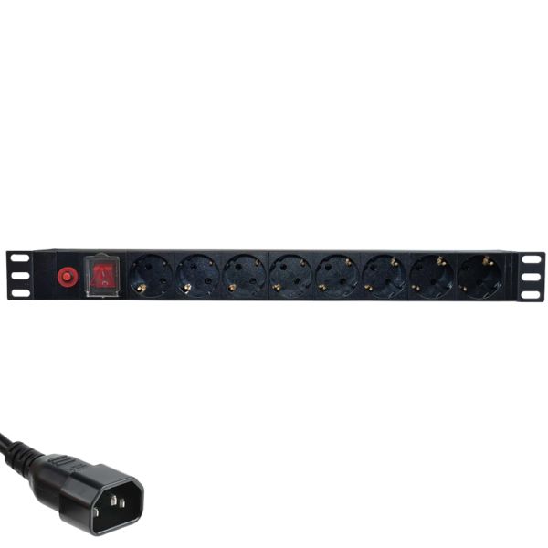 Priză de rack 19 inch, PDU 1U, 8 posturi Schuko cu alimentare C14, Eco Xcab