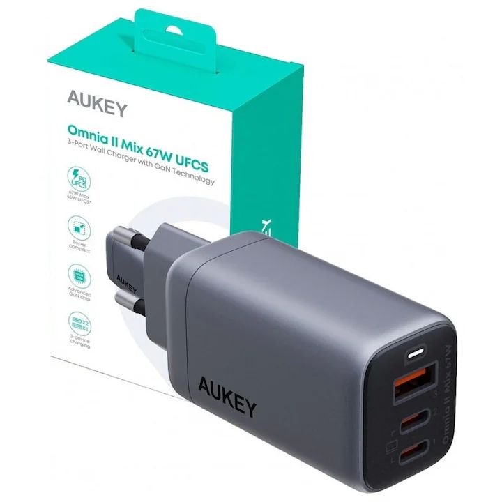 Alimentator retea Aukey, PA-B6U GR, 67W, fast charge, 1 x USB-A, 2 x USB-C, negru,  LLTSEUN1048305  (timbru verde 0.18 lei) - 689323786893