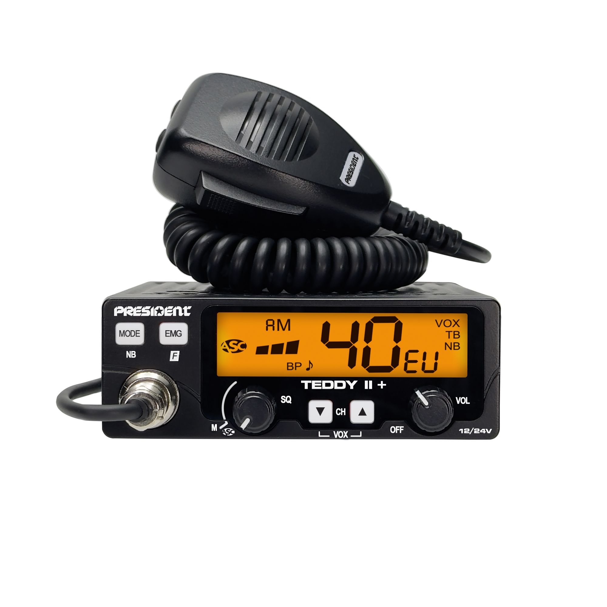 CB Radio PRESIDENT Teddy II+ (transmitter power - 4W  power supply voltage - 12/24V  channel count - 40  noise blocker - yes  125x125x45 mm)