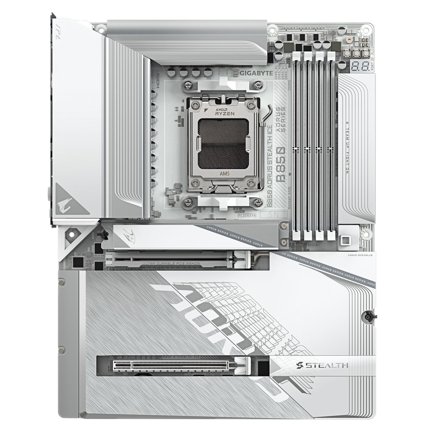 Placa de Baza GIGABYTE B850 AORUS STEALTH ICE AM5, 4x DDR5, 1x HDMI 1x PCIE 5.0 x16 1x PCIE 4.0 x16, 2x M.2, 2x SATA 6GB/s, ATX