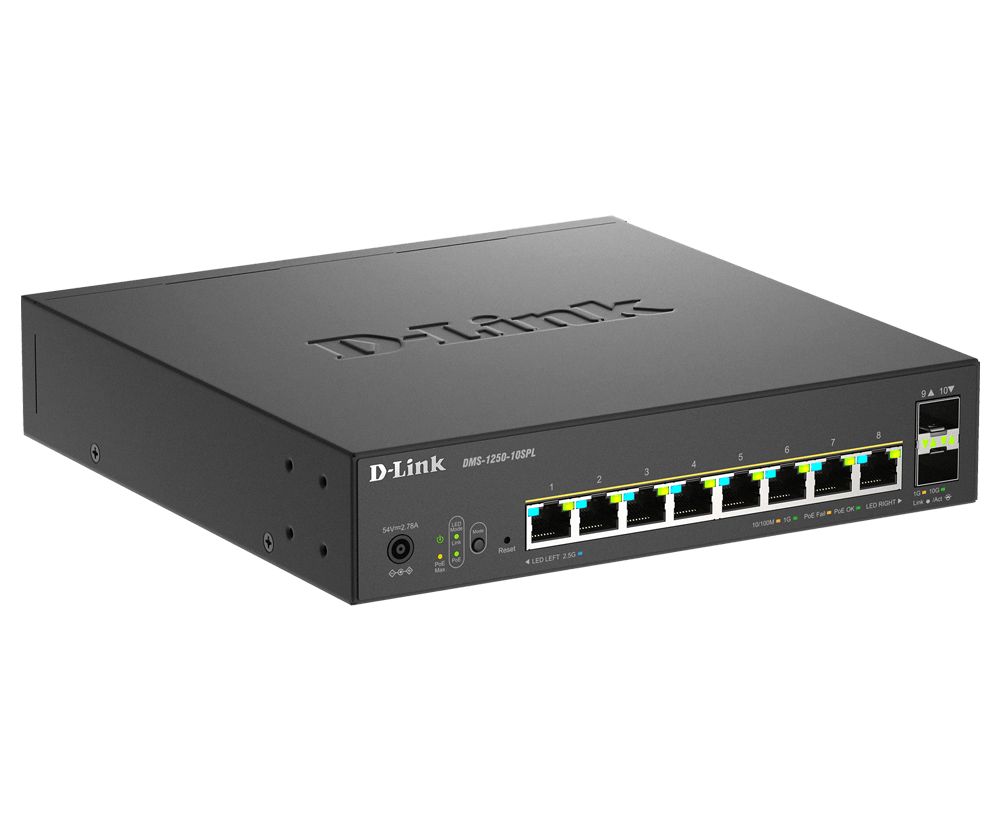 Switch D-Link DMS-1250-10SPL, 8 porturi Gigabit, 2 porturi SFP+, Protocol 802.3bt+802.3af/at, rackabil