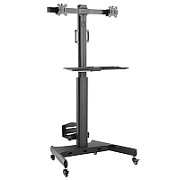Stand TV mobil pe roti pentru 2 televizoare, 13-32 inch, reglabil, suport PC, raft tastatura, TECHLY, negru, ICA-TR42