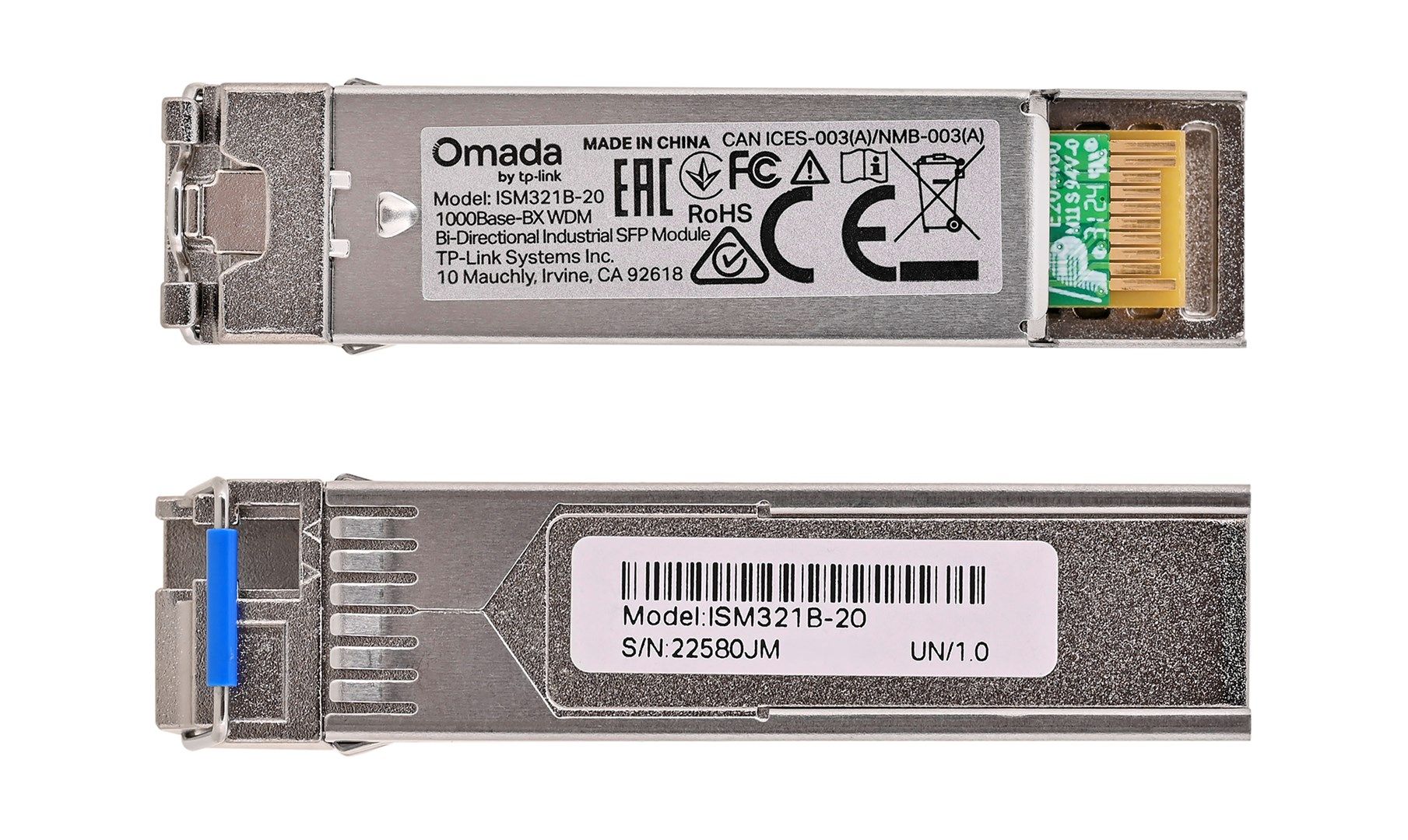 ISM321B-20 - 1000Base-BX WDM Bi-Directional Industrial SFP Module, IEEE 802.3z,TCP/IP, 1.25Gbps, Tx: 1310 nm, Rx: 1550 nm
