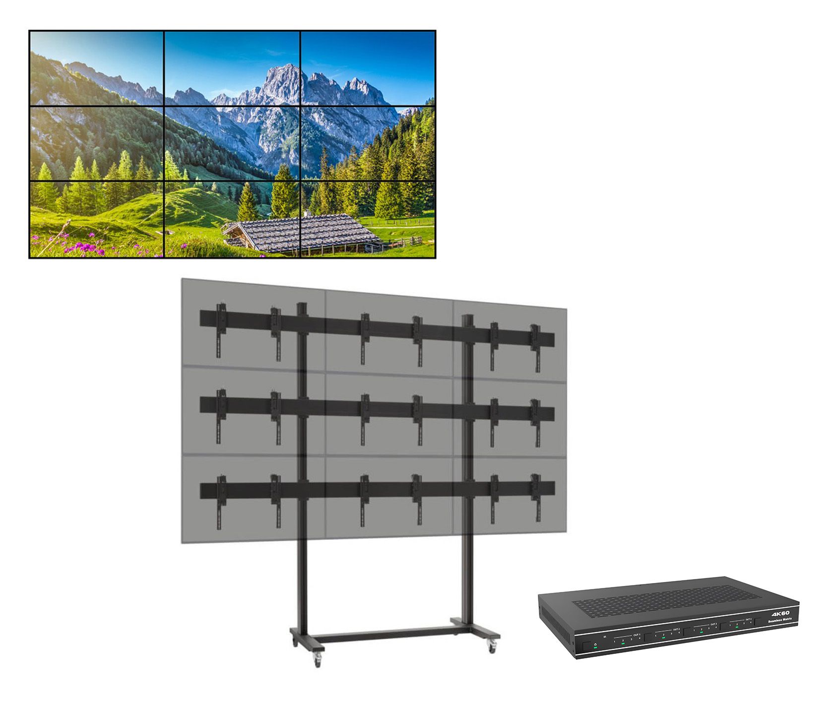 Solutie VideoWall cu baza mobila Vogel's 3x3, 9 x Display-uri SMART Signage LG 55VL5PJ - Bezel 3.5mm edge to edge