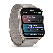 Smartwatch Garmin Venu® X1, Soft Gold cu spate din titan si curea din nailon French Gray