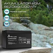 Extralink AKUMULATOR BATTERY ACCUMULATOR AGM 12V 9AH Acid sulfuric şi plăci de plumb (VRLA)