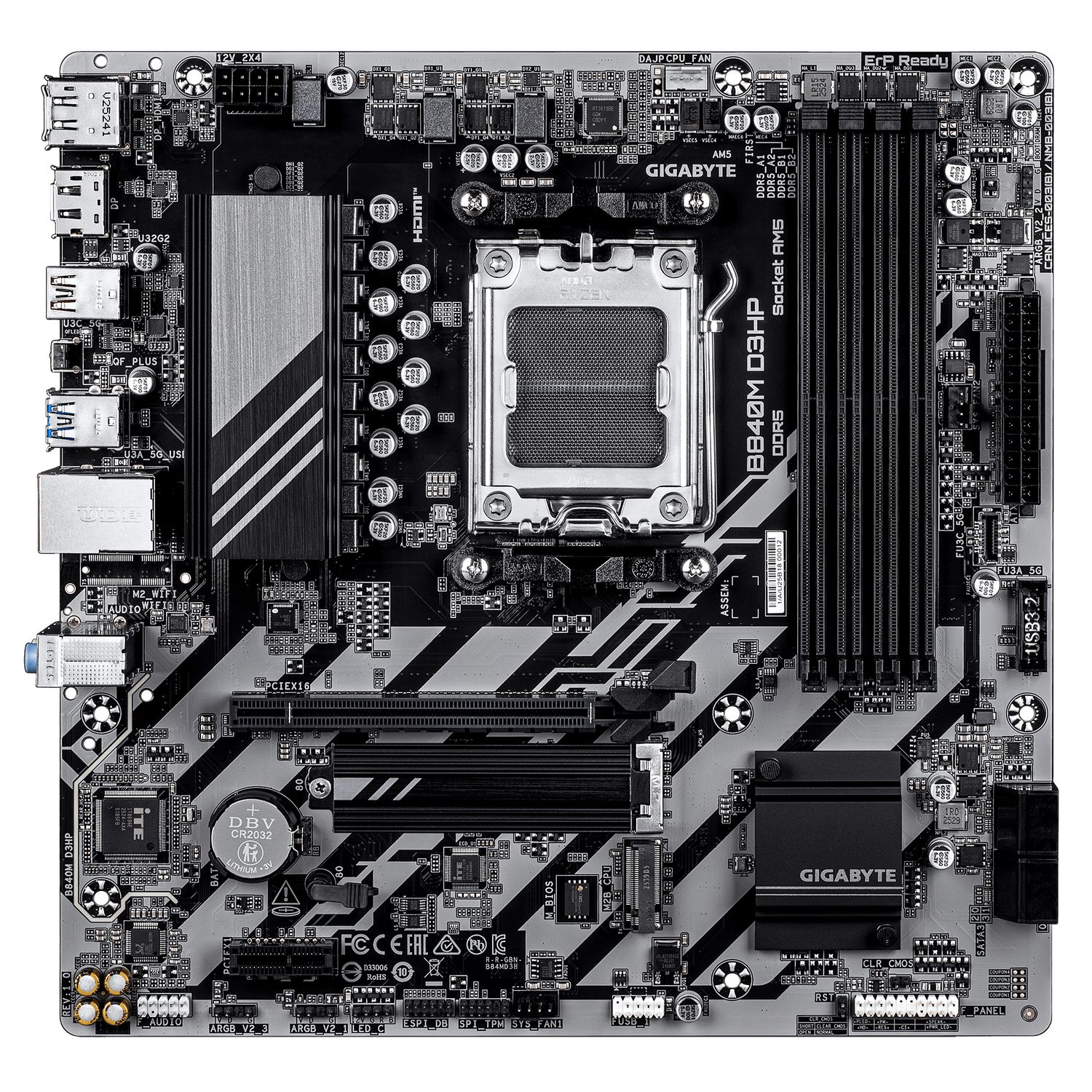 GIGABYTE B840M D3HP. Processor manufacturer: AMD, Processor socket: Socket AM5, Compatible processor series: AMD Ryzen 7000 Series, AMD Ryzen 8000 Series, AMD Ryzen 9000 Series. Supported memory types: DDR5-SDRAM, Maximum internal memory: 256 GB, Memory slots type: DIMM. Supported storage drive