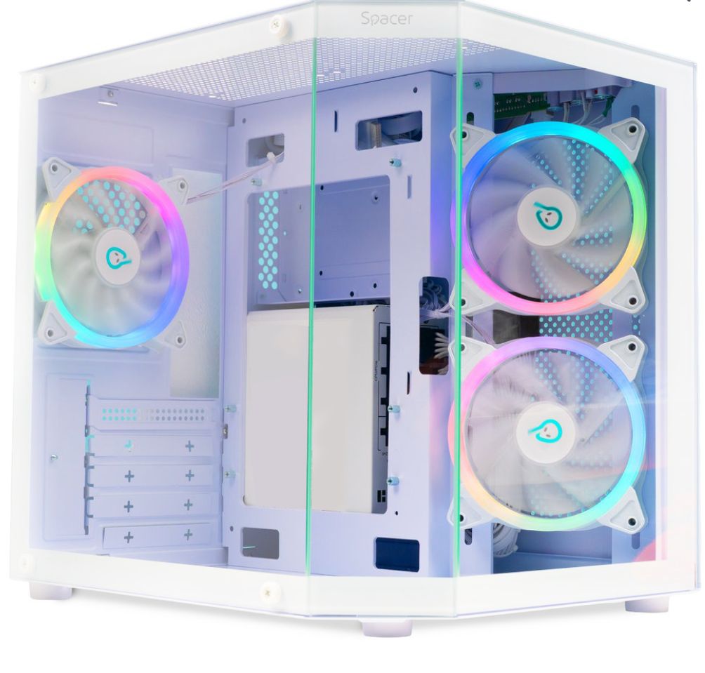 CARCASA  SPACER - gaming, Mini Tower, mATX,  AQUARIUM , fara sursa, sticla securizata, 3 x ARGB fan, HUB, telecomanda, USB 3.0 x 1, USB Type-C x 1, HD-Audio, Jack 3.5mm x 1, PSU shroud, white  SPCS-GC-AQUARIUM-WH-3F