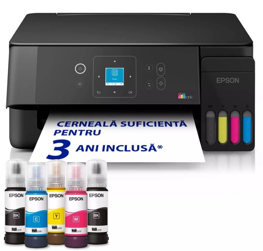 EPSON L3360 CISS COLOR INKJET MFP, Format: A4, Functii: Print, Copy, Scan, Viteza printare: 33ppm mono, 15ppm color, Rezolutie printare: 5.760 x 1.440 DPI, Rezolutie scanare: 1.200 DPI x 2.400 DPI, Format fisiere scanate: BMP, JPEG, PICT, TIFF, multi-TIFF, PDF, PNG, Senzor CIS, Capacitate hartie