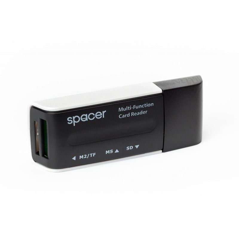 CARD READER extern SPACER, interfata USB 2.0, citeste/scrie: SD, microSD, MS, M2 plastic, black  SPCR-658  (include TV 0.02 lei)